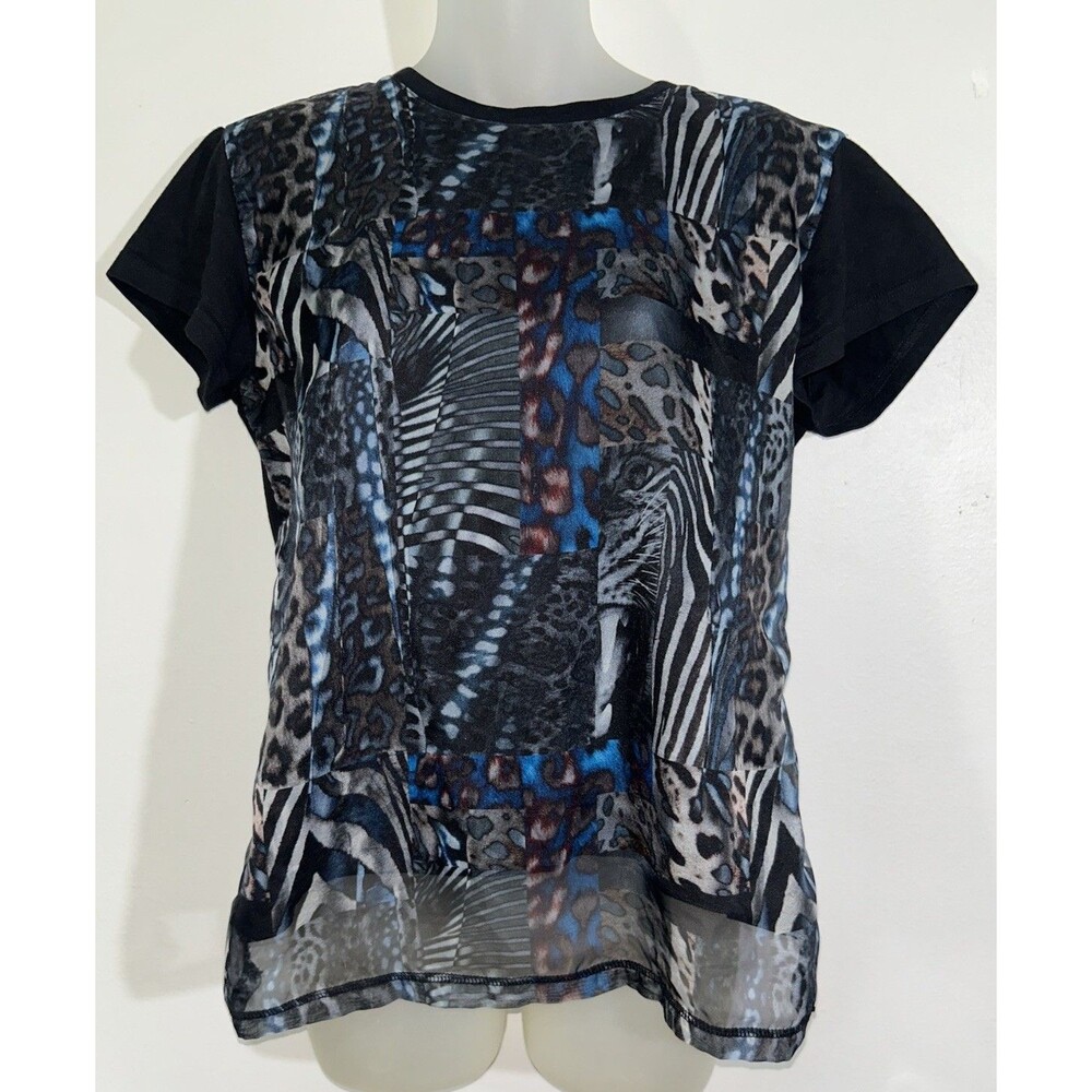 DIESEL T-SULLA-A Womens Patchwork Animal Print Sheer Blouse Top Black Blue S